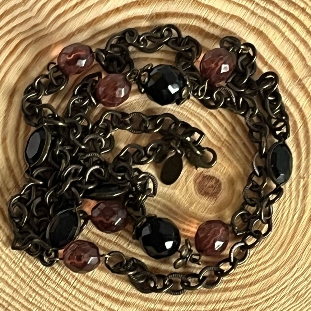 2028 Brand 35 inch Necklace Faceted Brown Glass Bead Stations Brass Chain Links